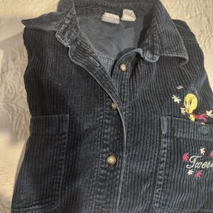 Women's Embroidered Corduroy Button Down Shirt - Green, WB Looney Tunes Brand